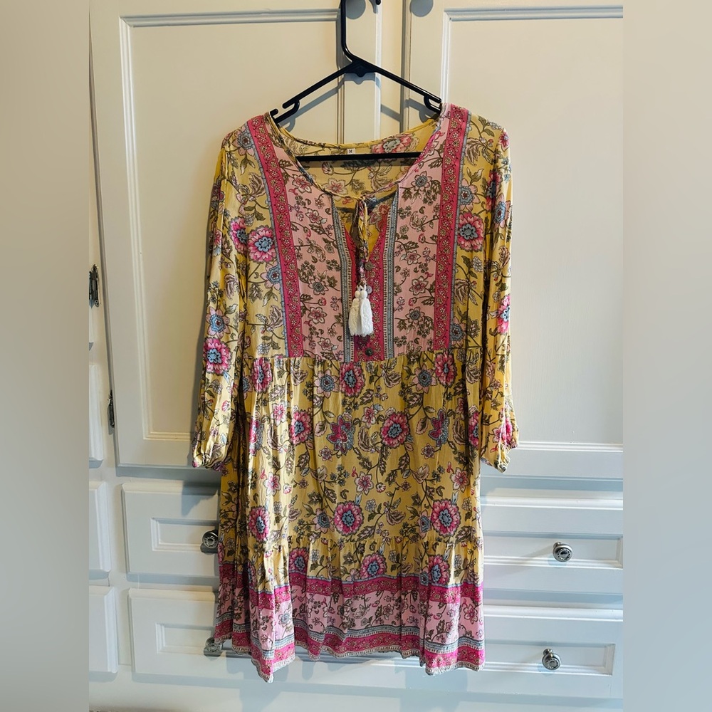 Source Unknown Floral Long Sleeve Dress in Yellow and Pink